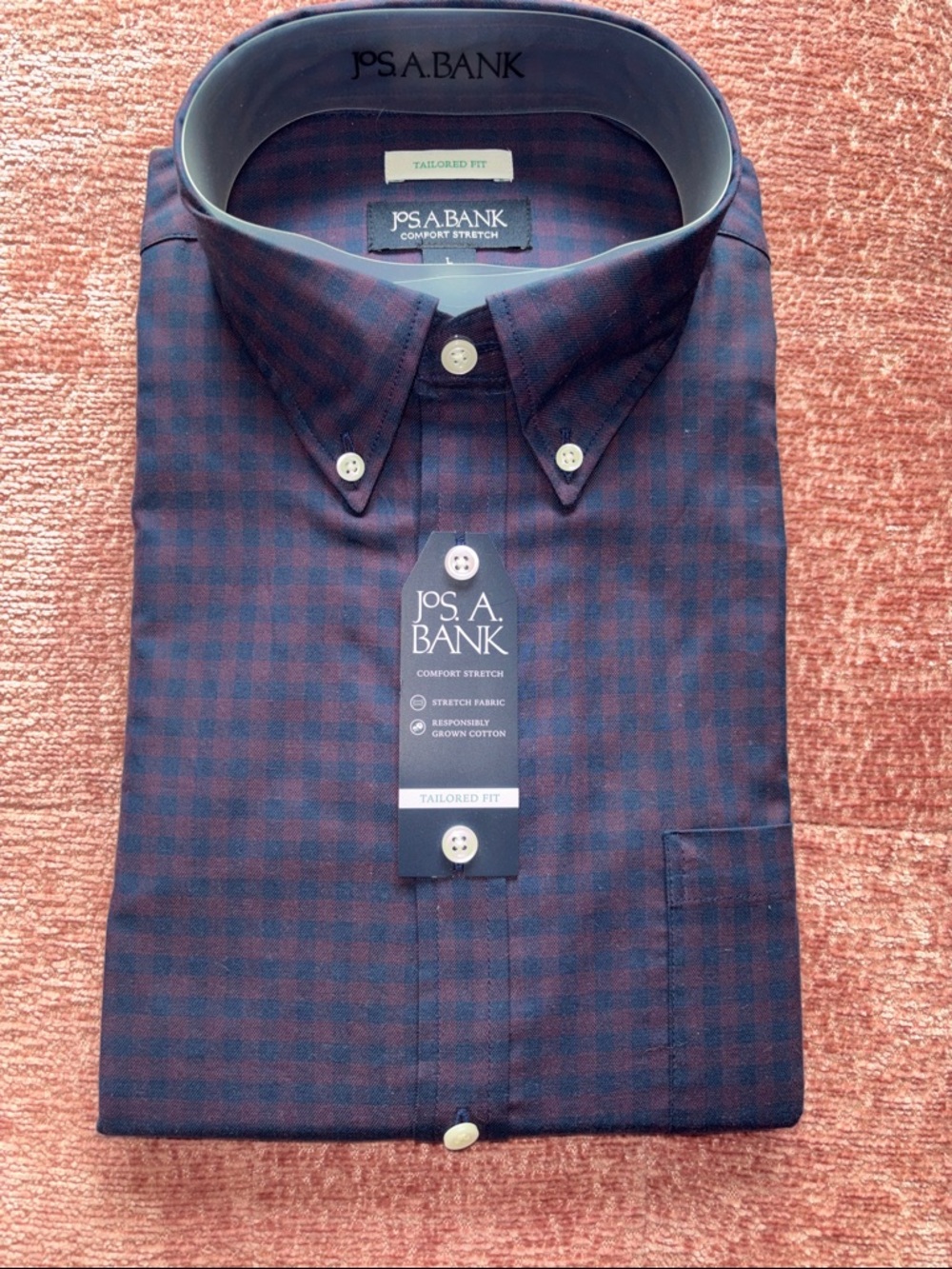 Jos. A. Bank Burgundy and Blue Check Tailored Fit Button-Down Shirt